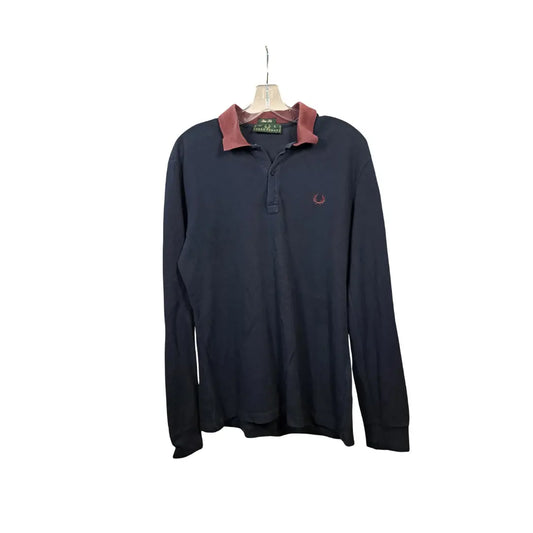 Fred Perry Vintage Longsleeve Polo / Navy–Burgundy Contrast Collar / Shirt Size L