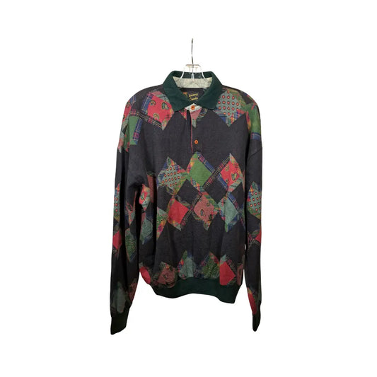 Johnny Lambs Vintage 90s Patchwork Pattern Polo Sweater / Abstract Allover Print / Size M
